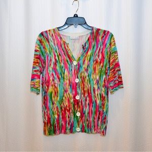 Vibrant multi color, short sleeve woman’s cardigan